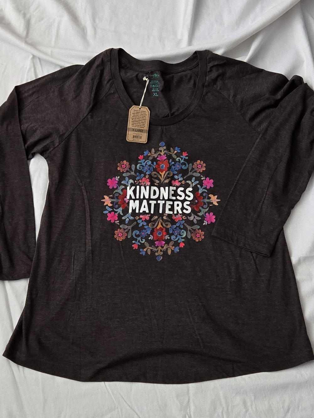 NATURAL LIFE Heather Gray Long Sleeve with Colorful Floral 'Kindness Matters'